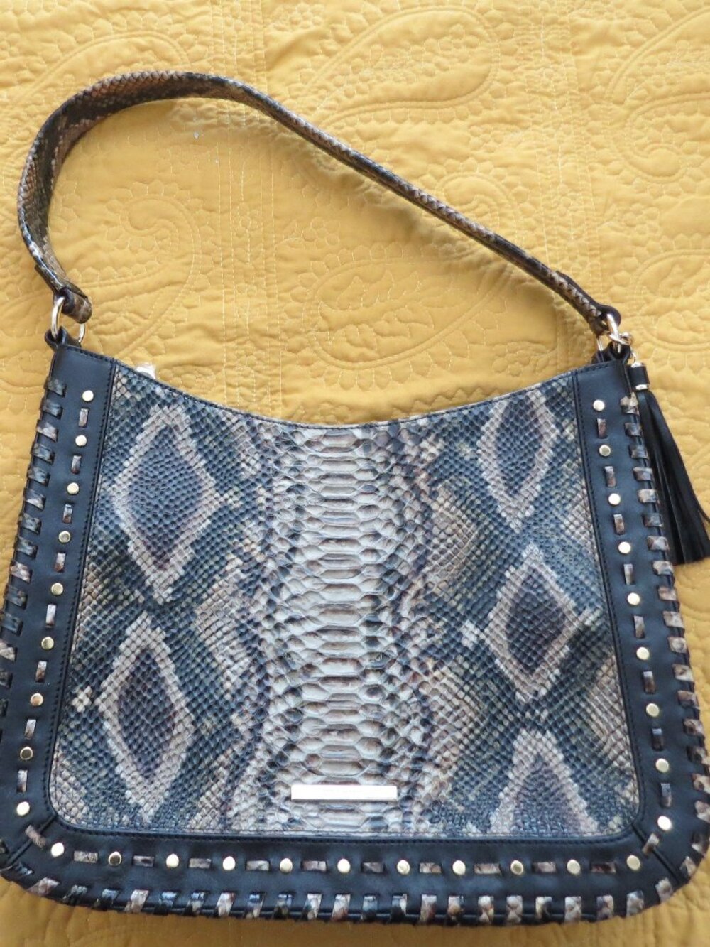 Brahmin Python Embossed Leather Shoulder Bag Gray Black Studded Tassel Hobo